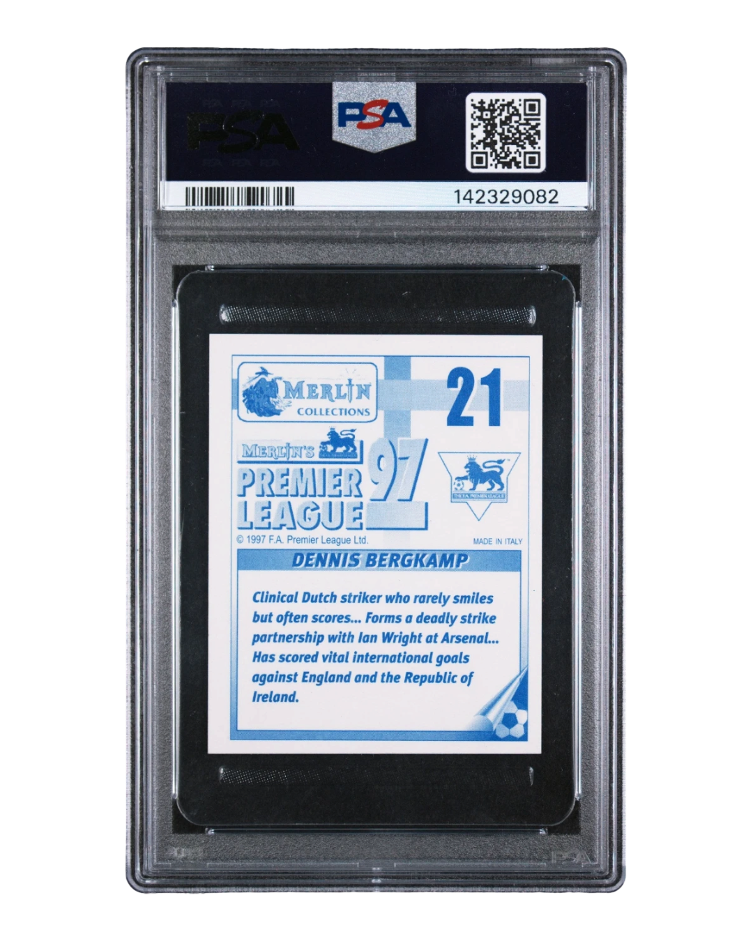 VaultifyUK 1996-97 Merlin Premier League 97 Dennis Bergkamp #21 sticker back in a PSA 7 NM graded slab