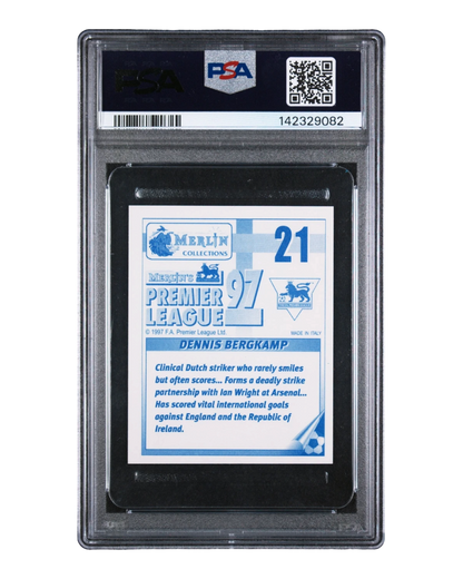 VaultifyUK 1996-97 Merlin Premier League 97 Dennis Bergkamp #21 sticker back in a PSA 7 NM graded slab