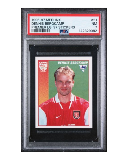 VaultifyUK 1996-97 Merlin Premier League 97 Dennis Bergkamp sticker #21, graded PSA 7 in a protective slab.
