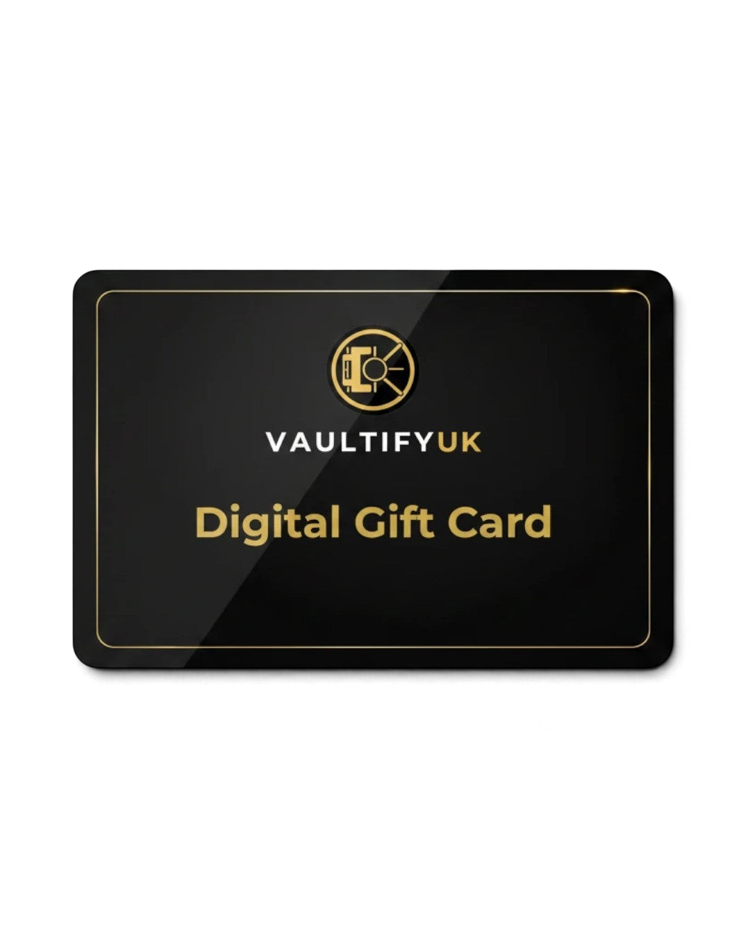 VaultifyUK digital gift card with a sleek black design, gold logo, and elegant border for online shopping.