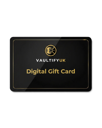 VaultifyUK digital gift card with a sleek black design, gold logo, and elegant border for online shopping.