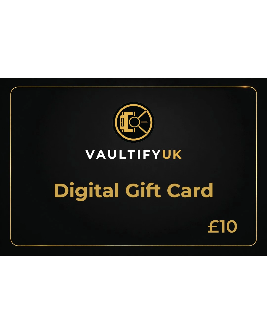VaultifyUK digital gift card with a black background, gold border, and the brand logo in the center.