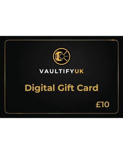 VaultifyUK digital gift card with a black background, gold border, and the brand logo in the center.