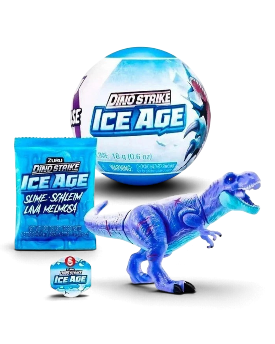 VaultifyUK ZURU 5 Surprise Dino Strike Ice Age capsule with a blue T-Rex dinosaur figure and slime packet