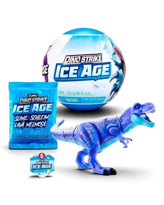 VaultifyUK ZURU 5 Surprise Dino Strike Ice Age capsule with a blue T-Rex dinosaur figure and slime packet