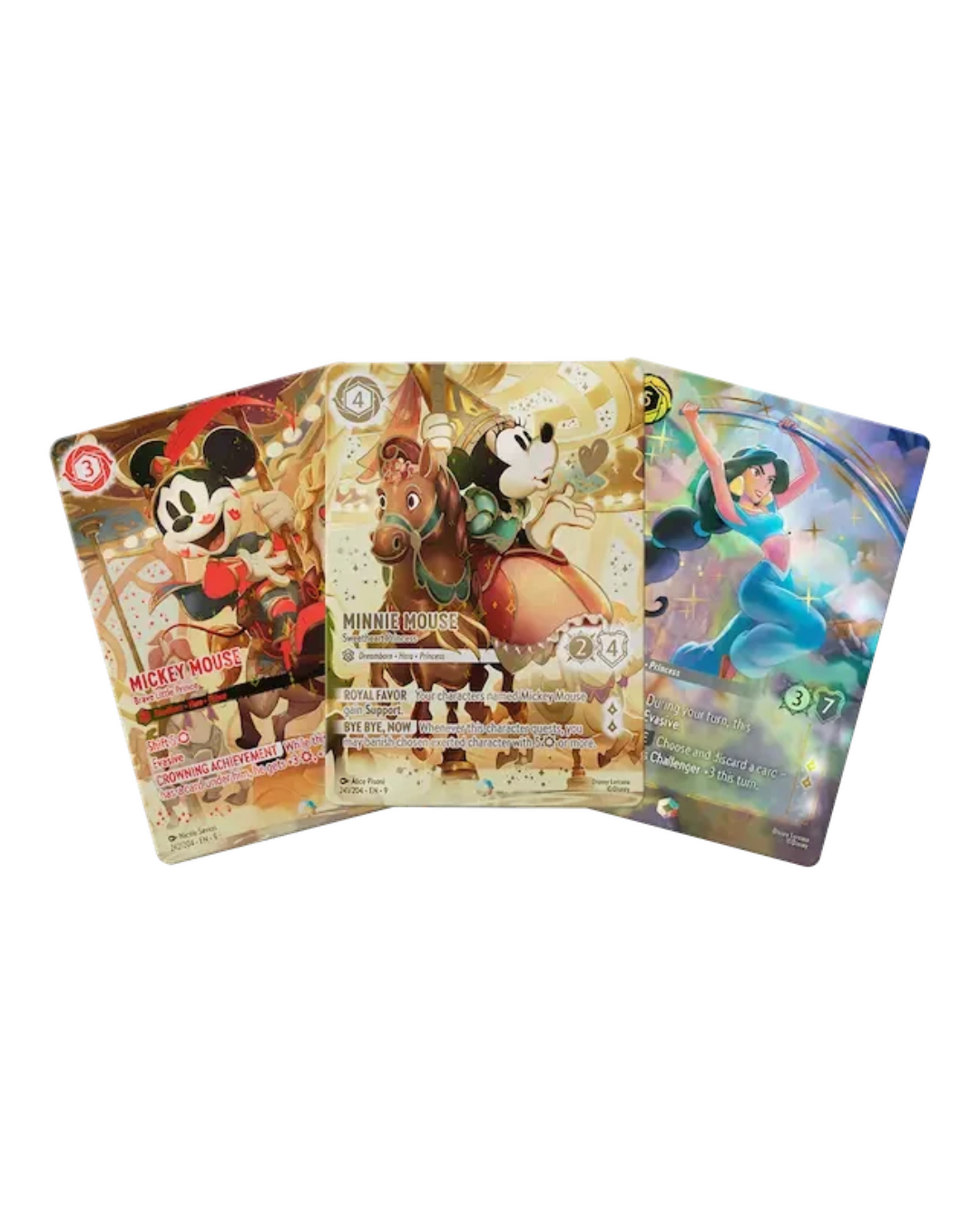 VaultifyUK Disney Lorcana Ursula's Return Japanese trading cards featuring Mickey Mouse, Minnie Mouse, and Jasmine.