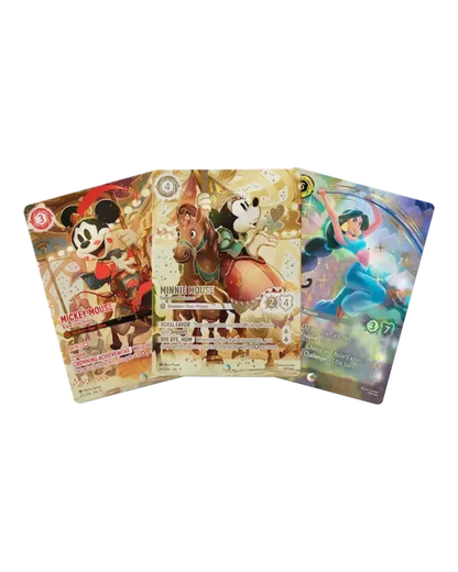 VaultifyUK Disney Lorcana trading cards featuring Mickey Mouse, Minnie Mouse, and Jasmine with holographic foil art