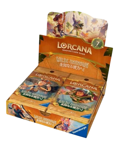VaultifyUK Disney Lorcana Wilds Unknown Japanese booster box featuring Pixar characters and 16 sealed card packs.