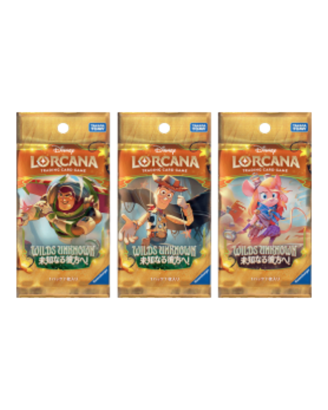 VaultifyUK Disney Lorcana Wilds Unknown Japanese booster packs featuring Buzz Lightyear, Woody, and Remy characters.