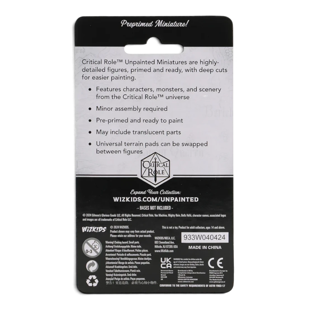 Back of VaultifyUK Critical Role Dorian Storm unpainted miniature blister pack with product information and warnings