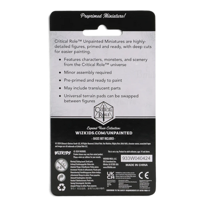 Back of VaultifyUK Critical Role Dorian Storm unpainted miniature blister pack with product information and warnings