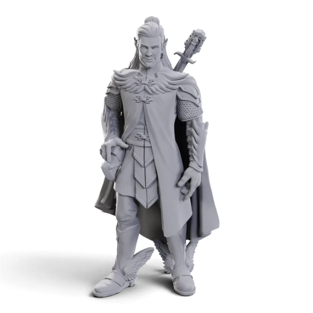 VaultifyUK Critical Role Dorian Storm unpainted miniature featuring detailed bard armor and a sword on his back