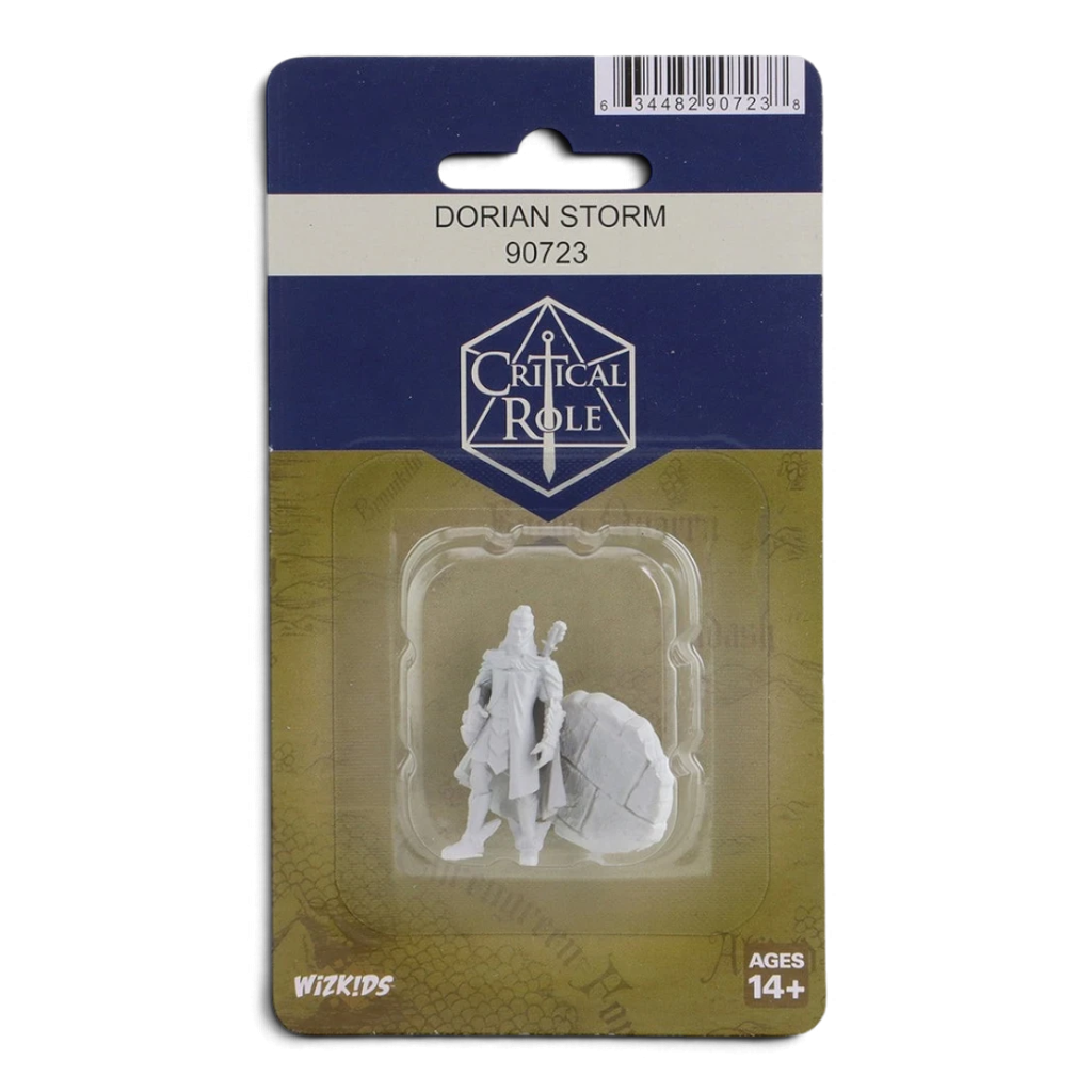 VaultifyUK Critical Role Dorian Storm unpainted miniature in blister packaging, ready for tabletop gaming painting.