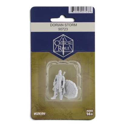 VaultifyUK Critical Role Dorian Storm unpainted miniature in blister packaging, ready for tabletop gaming painting.