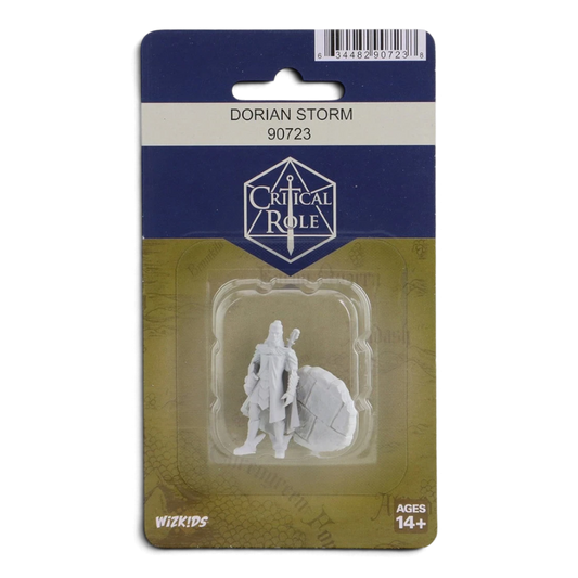 VaultifyUK Critical Role Dorian Storm unpainted miniature in blister packaging, ready for tabletop gaming painting.