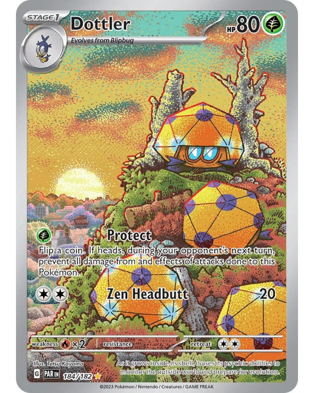 VaultifyUK Pokémon TCG Dottler 184/182 Paradox Rift Illustration Rare card featuring textured full-art by Tetsu Kayama.