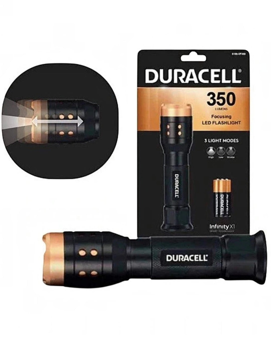 VaultifyUK Duracell 350 lumen focusing LED flashlight in black and copper with included AAA batteries in packaging.