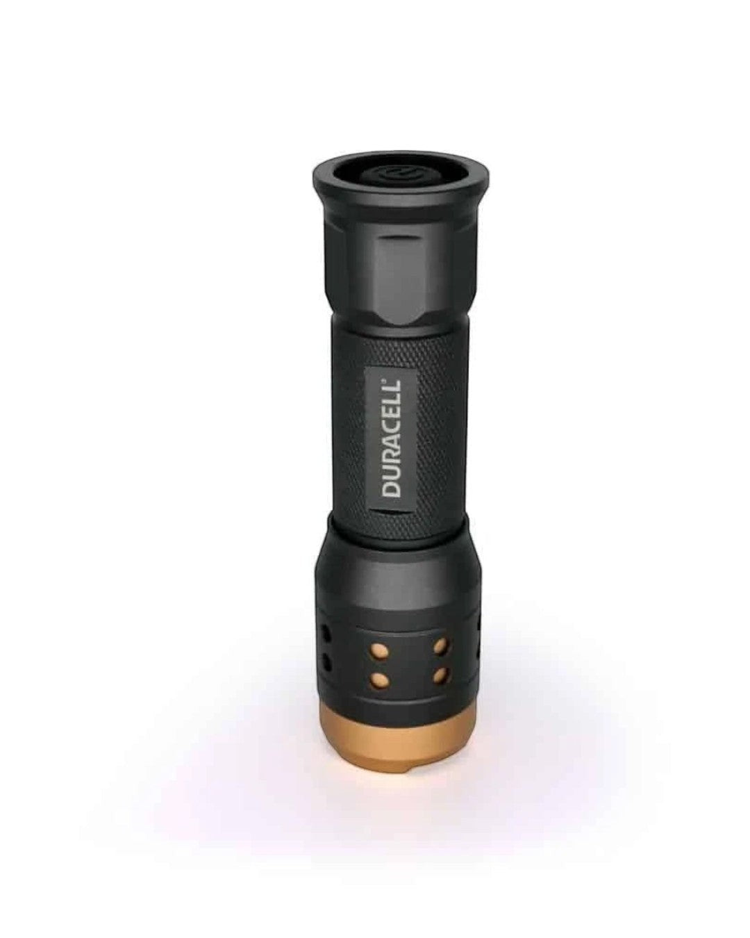 VaultifyUK Duracell 350 lumen focusing LED flashlight in black aircraft-grade aluminium with a tail-cap switch.