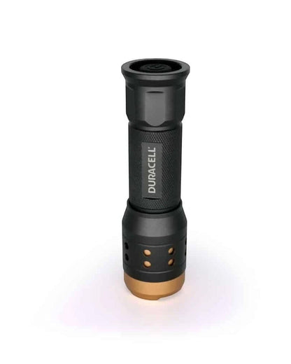 VaultifyUK Duracell 350 lumen focusing LED flashlight in black aircraft-grade aluminium with a tail-cap switch.