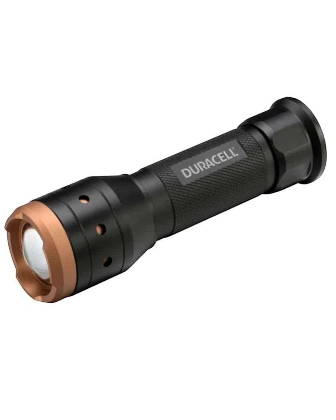 VaultifyUK Duracell 350 lumen LED flashlight with black aircraft-grade aluminium body and copper-toned focus bezel.