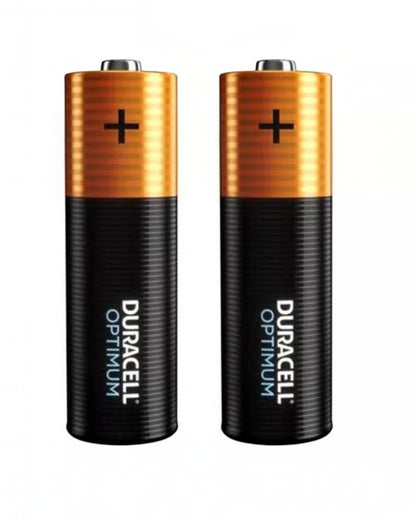 Two VaultifyUK Duracell Optimum alkaline batteries with iconic black and copper design for high-drain devices.