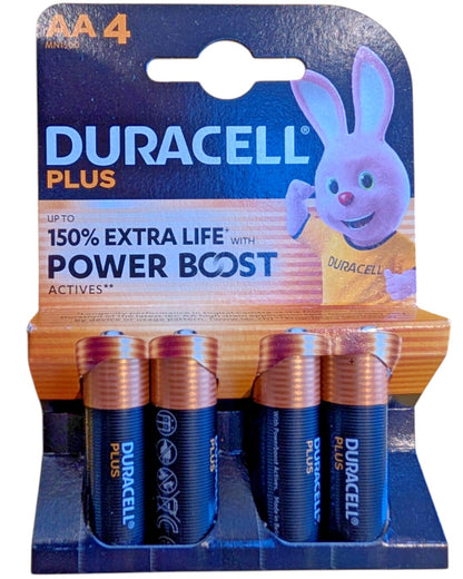 VaultifyUK Duracell Plus AA alkaline batteries in a 4-pack blister card featuring the iconic Duracell bunny mascot.