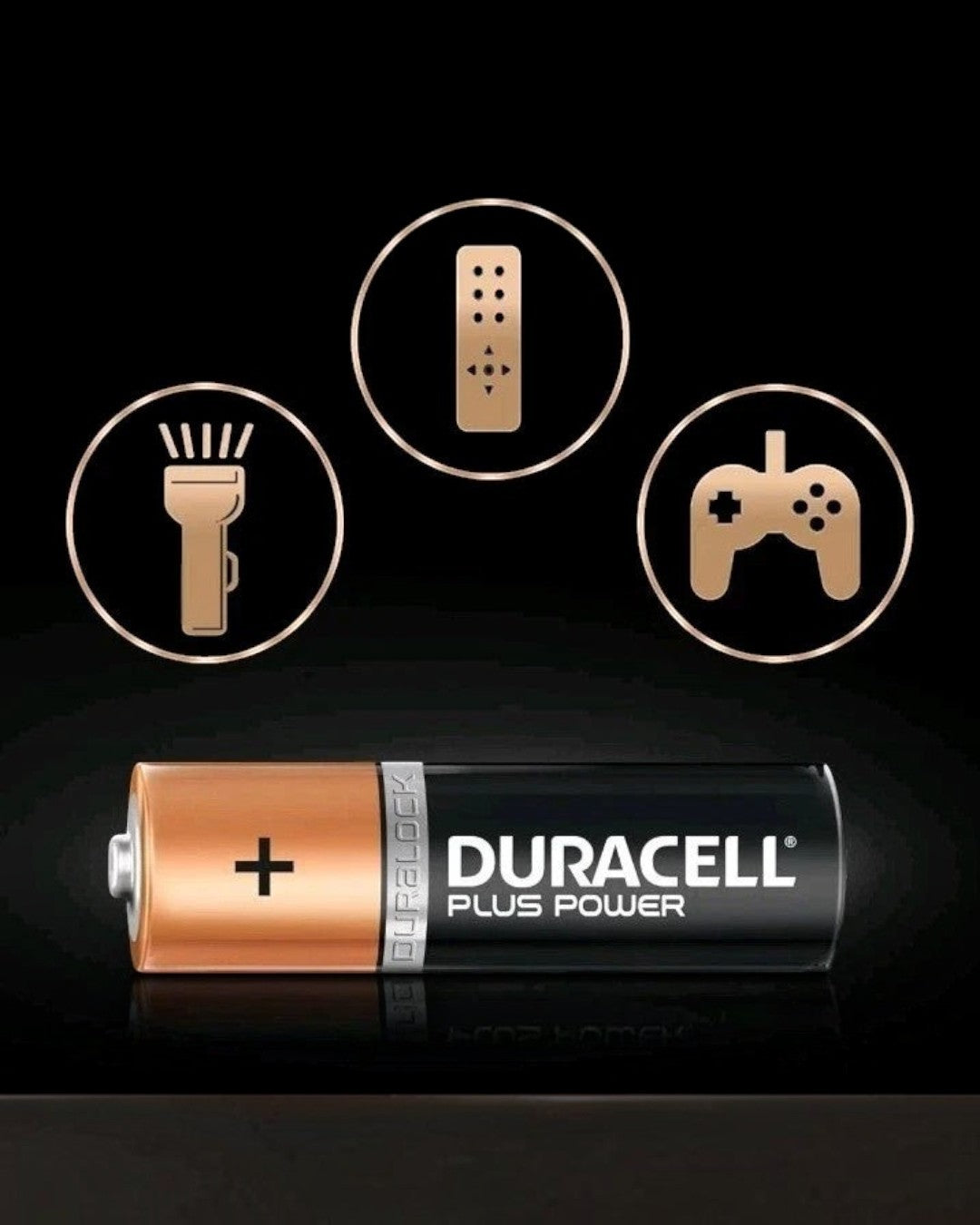 VaultifyUK Duracell Plus AA alkaline battery with icons for remote, flashlight, and game controller on black background