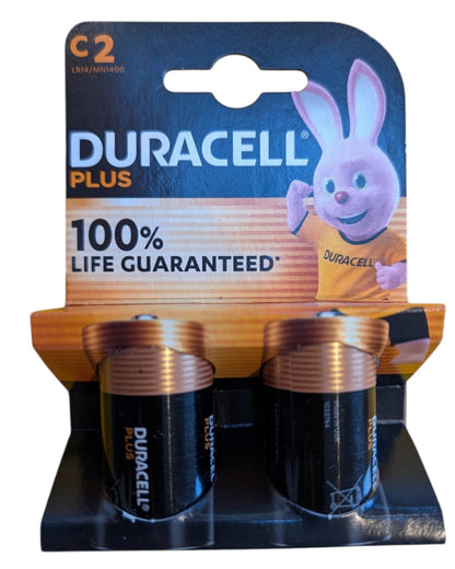 VaultifyUK Duracell Plus C alkaline batteries in a two-pack blister card featuring the iconic Duracell bunny mascot.