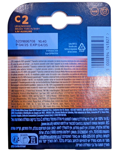 Back of VaultifyUK Duracell Plus C alkaline battery pack showing technical specifications and recycling information