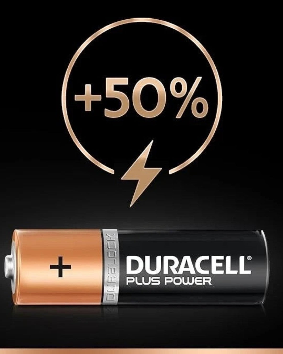 VaultifyUK Duracell Plus C alkaline battery with a black and copper design featuring a 50 percent more power graphic
