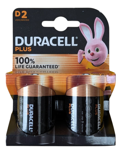 VaultifyUK pack of two Duracell Plus D alkaline batteries featuring the iconic pink bunny mascot on the packaging