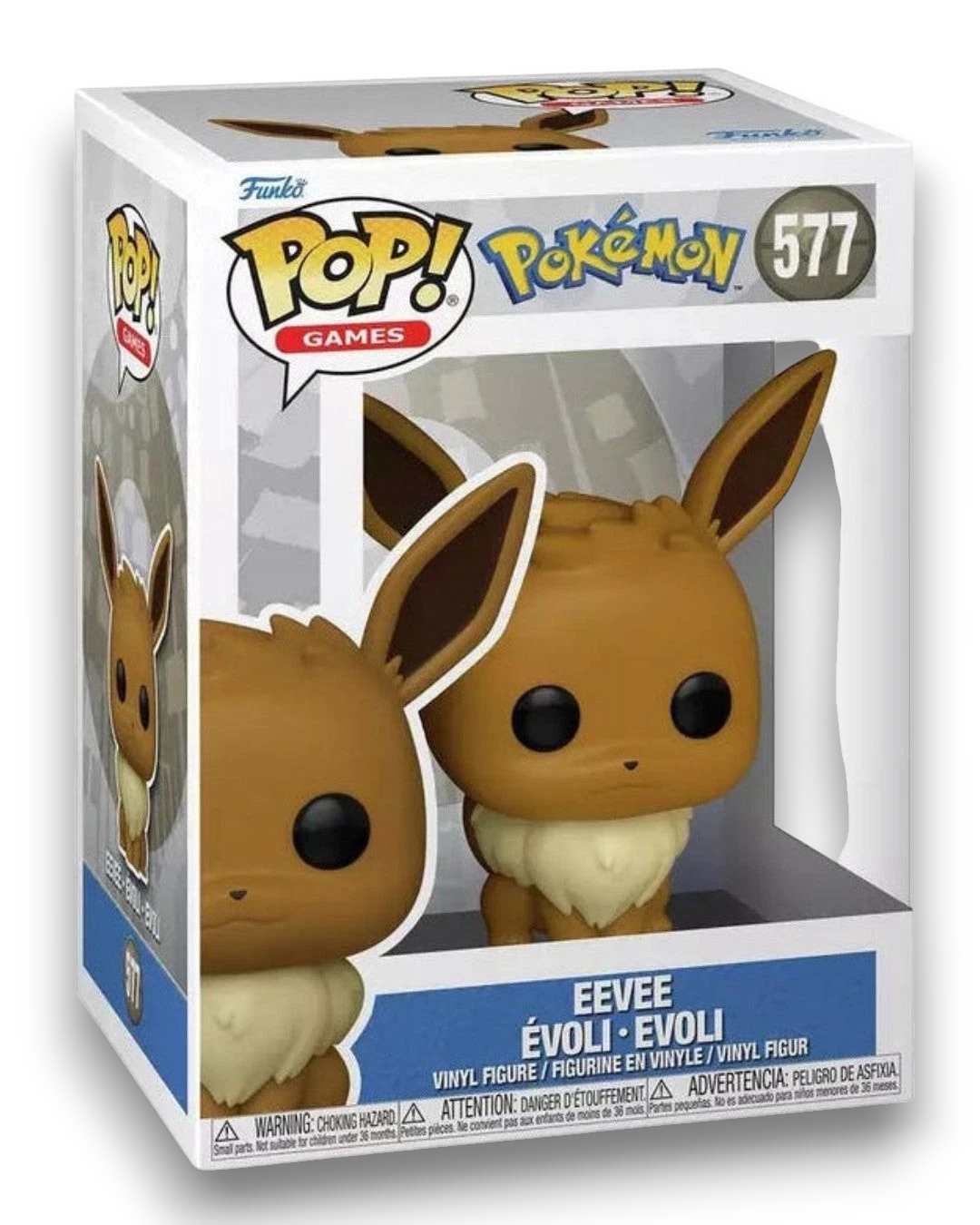 VaultifyUK Pokémon Eevee #577 Funko Pop! vinyl figure in its original display box, featuring large ears and brown fur.