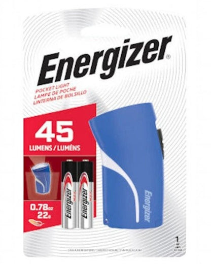 VaultifyUK Energizer pocket LED torch in blue with 45 lumens, shown in retail packaging with two included batteries.