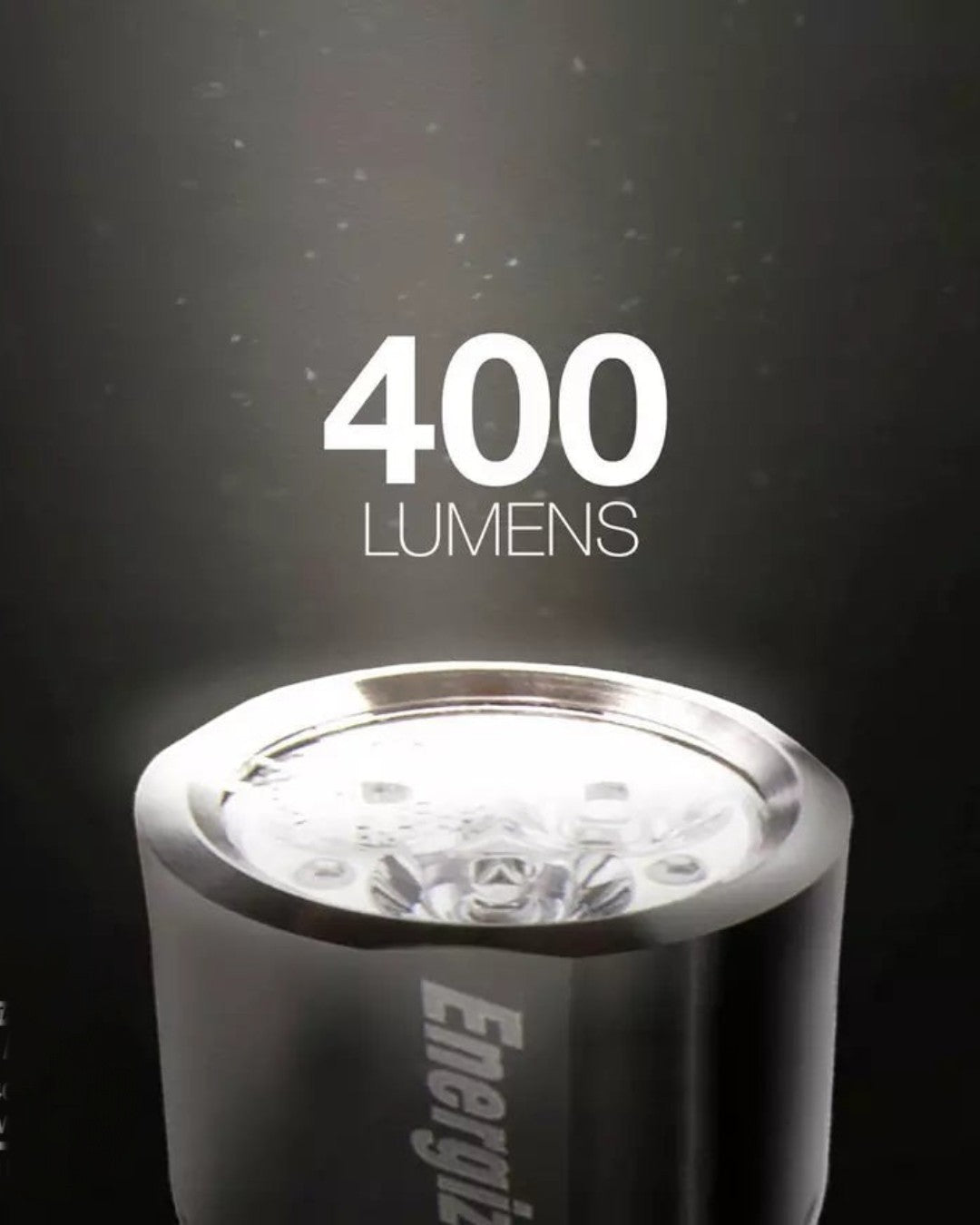VaultifyUK Energizer Vision HD metal torch head emitting a bright 400 lumen LED beam against a dark background.