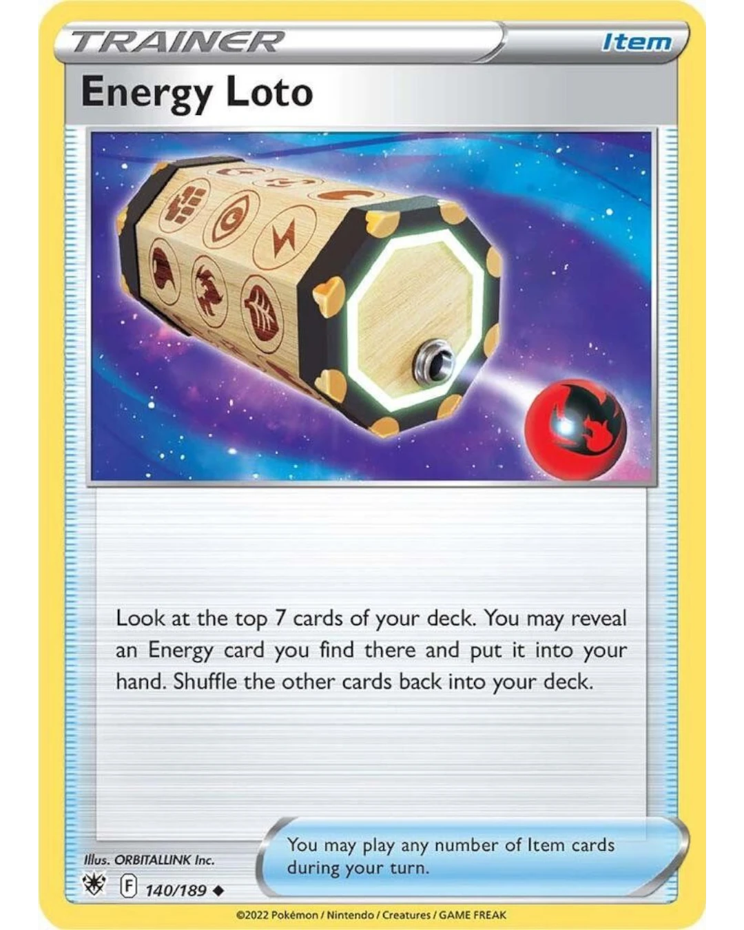 VaultifyUK Pokémon TCG Energy Loto 140/189 Astral Radiance reverse holo trainer card with wooden lottery box design.