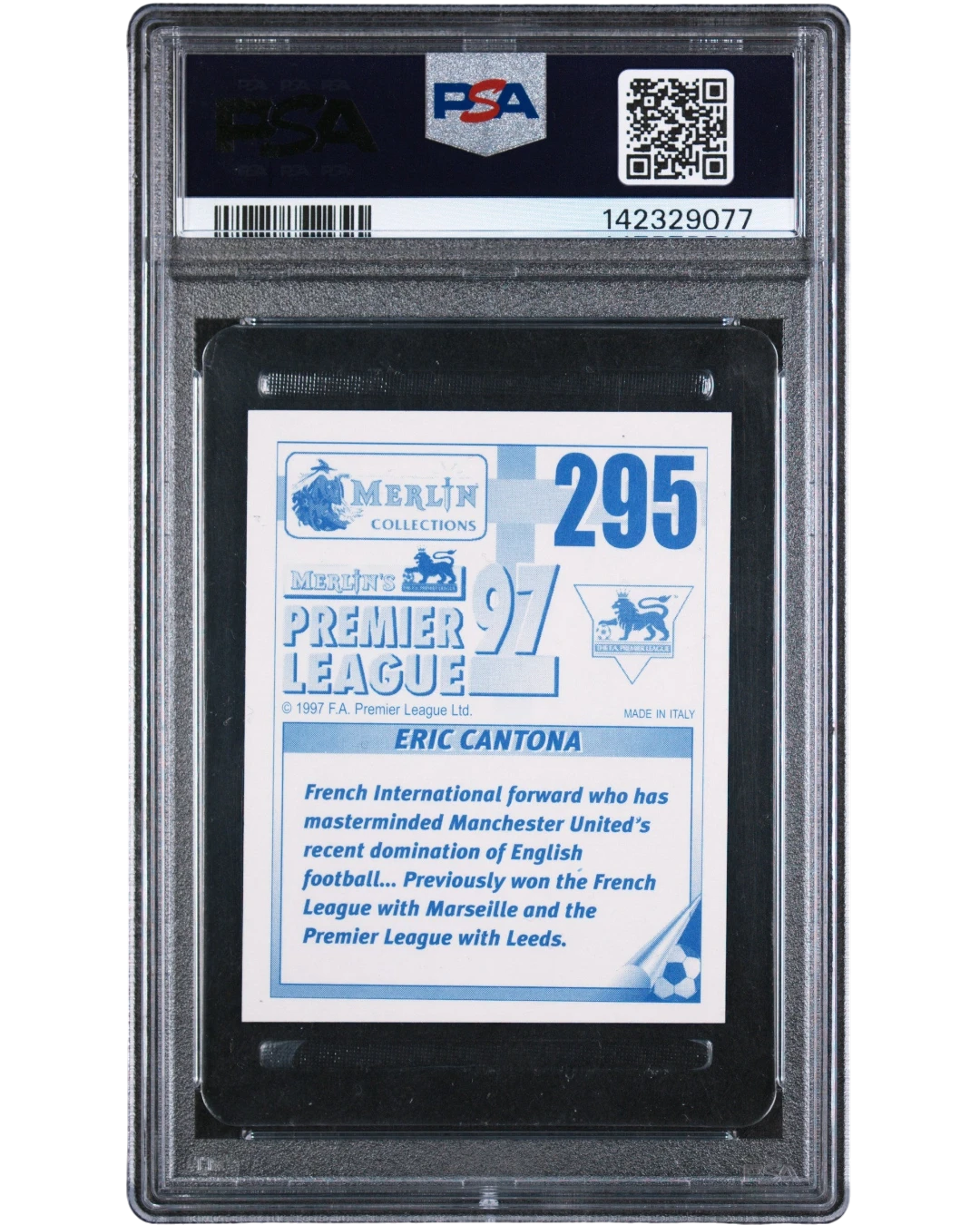 VaultifyUK 1996 Merlin Premier League Eric Cantona sticker #295 in a PSA 7 NM graded slab, back view.