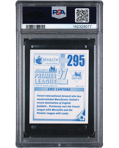 VaultifyUK 1996 Merlin Premier League Eric Cantona sticker #295 in a PSA 7 NM graded slab, back view.