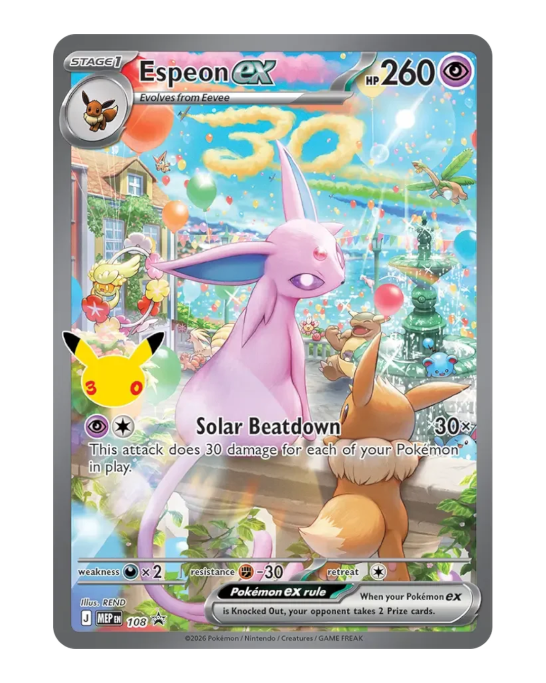 VaultifyUK Pokémon 30th Celebration Espeon ex foil card featuring festive park artwork and Pikachu anniversary logo