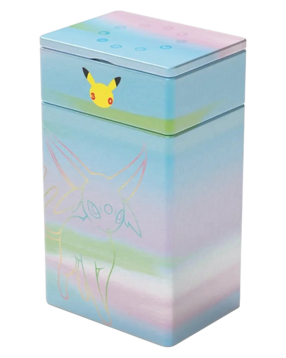 VaultifyUK Pokémon 30th Celebration Espeon ex metal deck box with pastel gradient design and Pikachu icon