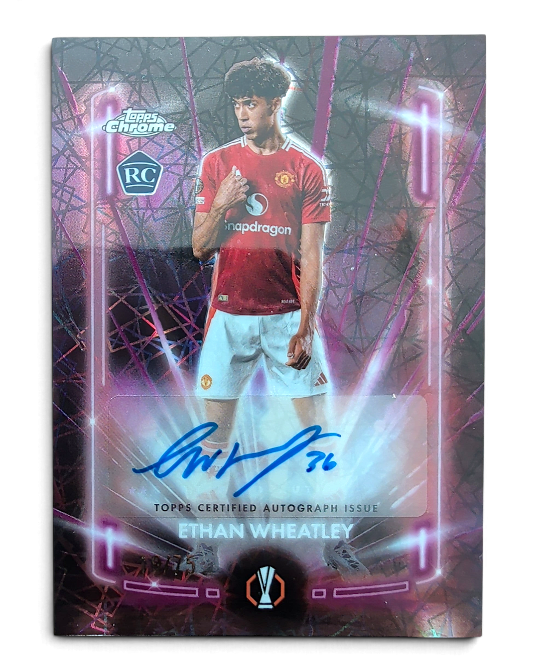 2024/25 Topps Chrome UEFA Ethan Wheatley RC Magenta Lazer autograph card, numbered 19/75, front