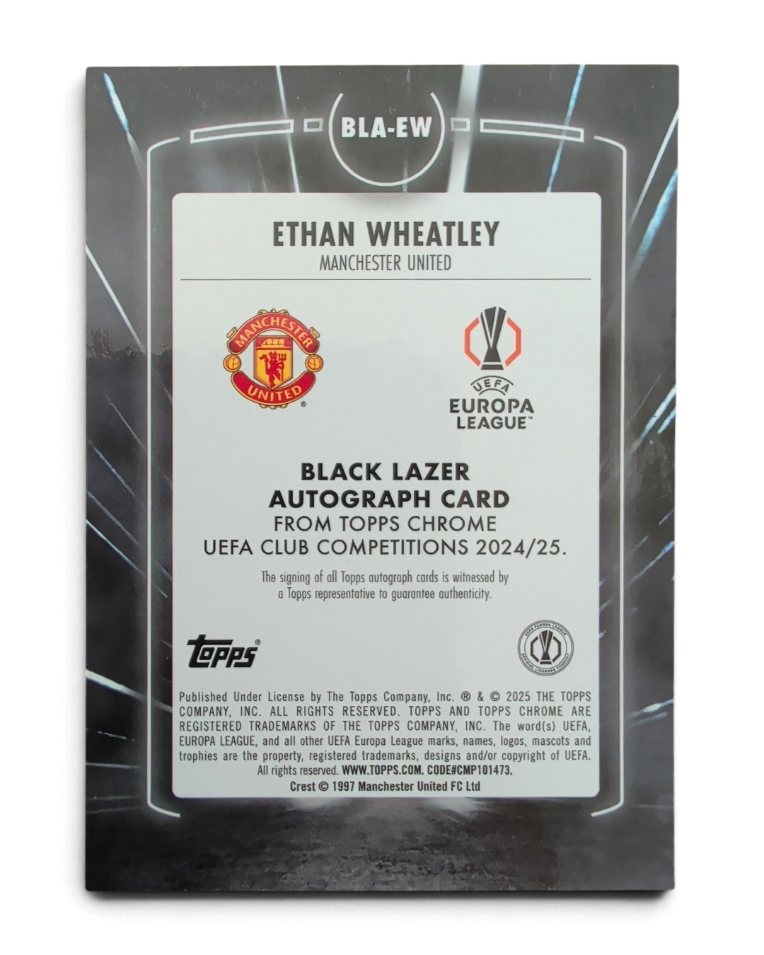 VaultifyUK 2024/25 Topps Chrome UEFA Ethan Wheatley rookie card back featuring Manchester United and Europa League logos