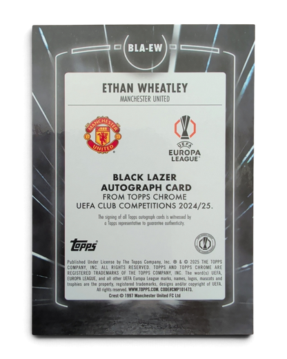 VaultifyUK 2024/25 Topps Chrome UEFA Ethan Wheatley rookie card back featuring Manchester United and Europa League logos