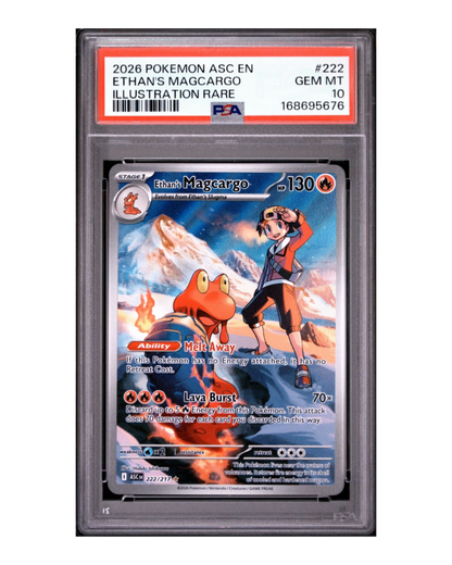 VaultifyUK PSA 10 Gem Mint Ethan's Magcargo 222/217 Illustration Rare Pokémon card from Ascended Heroes set.