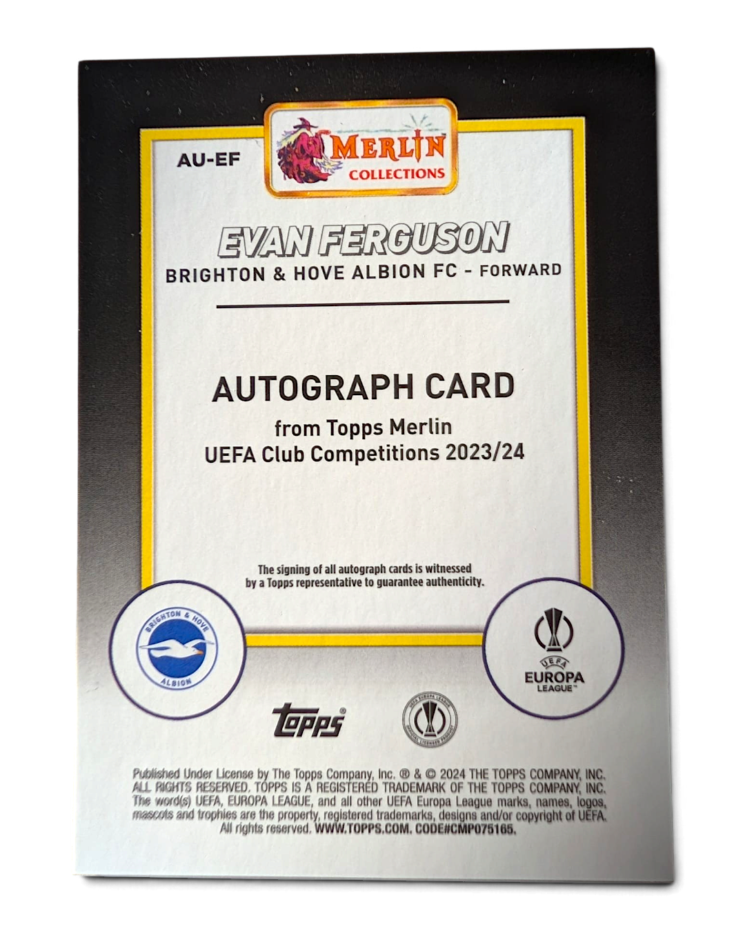 VaultifyUK Topps Merlin 2023/24 Evan Ferguson football card back showing authentication details and team logos