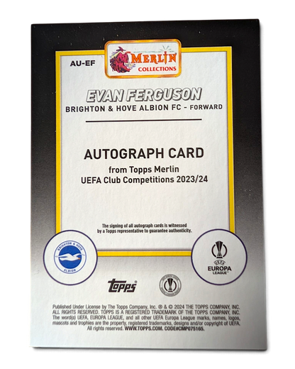 VaultifyUK Topps Merlin 2023/24 Evan Ferguson football card back showing authentication details and team logos