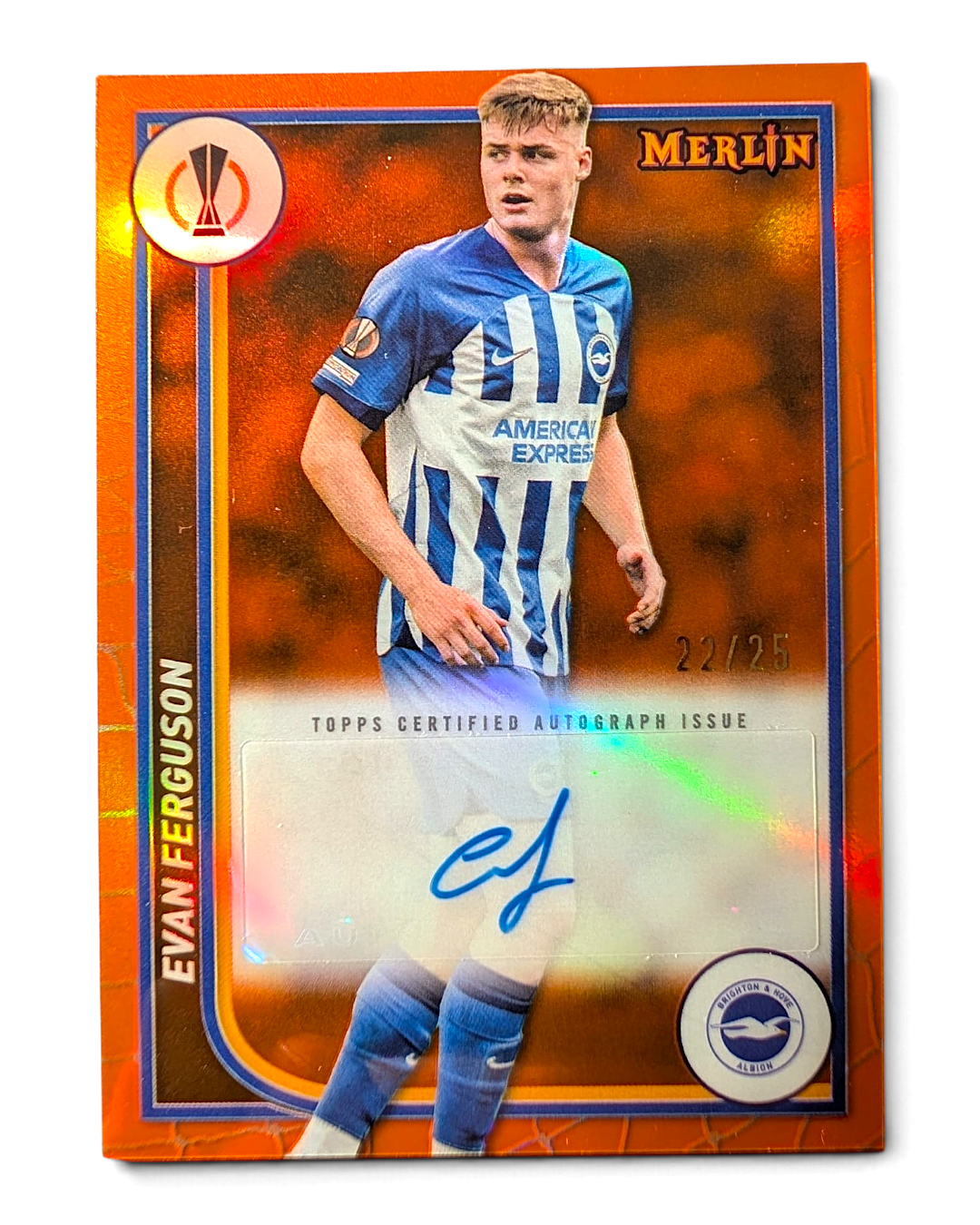 VaultifyUK Evan Ferguson Topps Merlin 2023/24 orange parallel autograph football card numbered 22/25