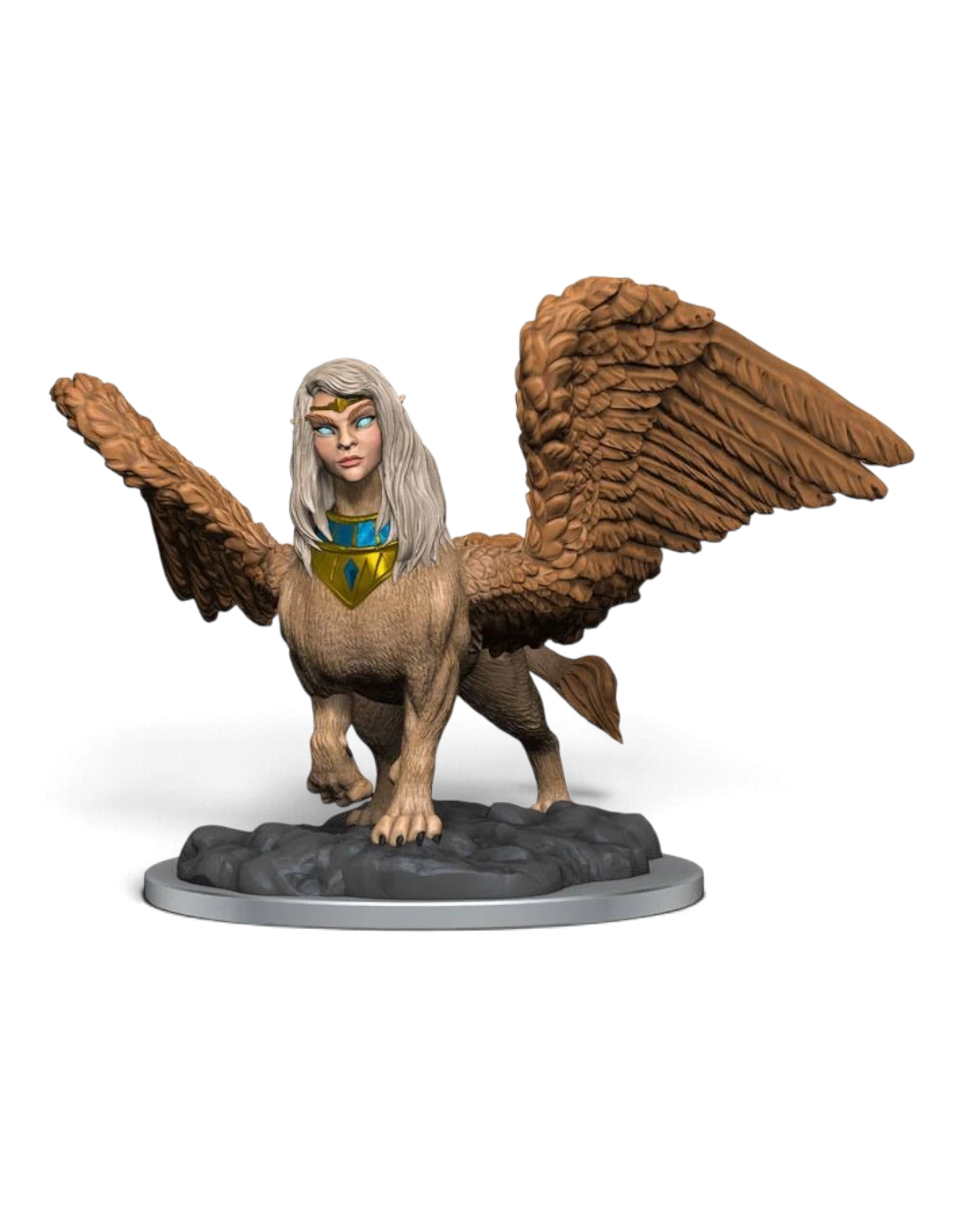 VaultifyUK Critical Role female Sphinx miniature with detailed wings and gold collar, primed for painting.
