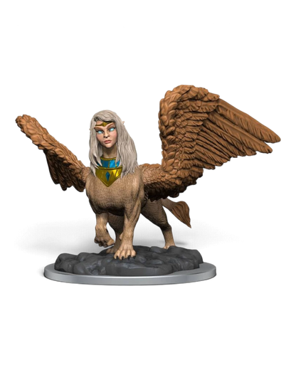 VaultifyUK Critical Role female Sphinx miniature with detailed wings and gold collar, primed for painting.