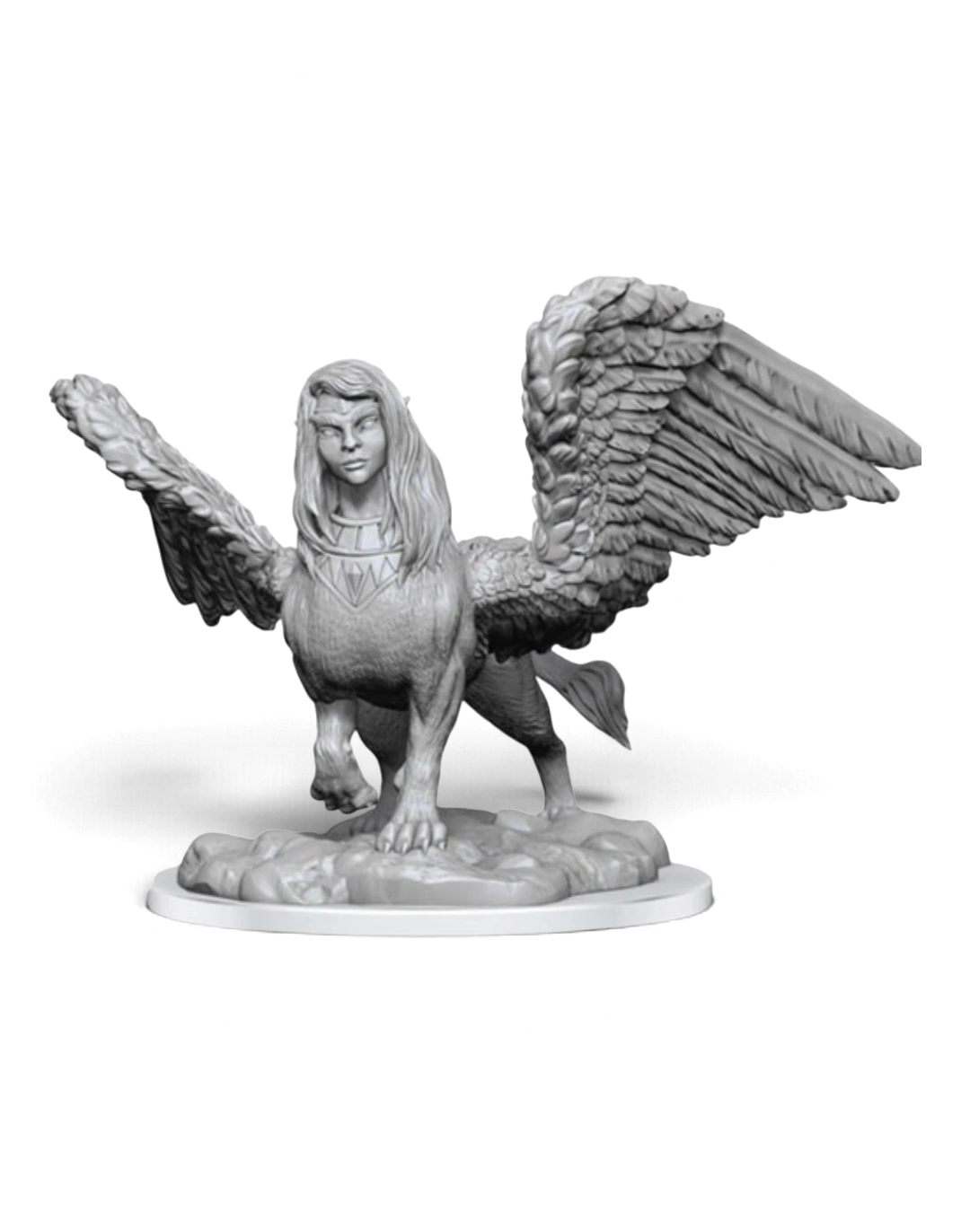 VaultifyUK Critical Role unpainted female Sphinx miniature with detailed wings and sculpted features on a round base