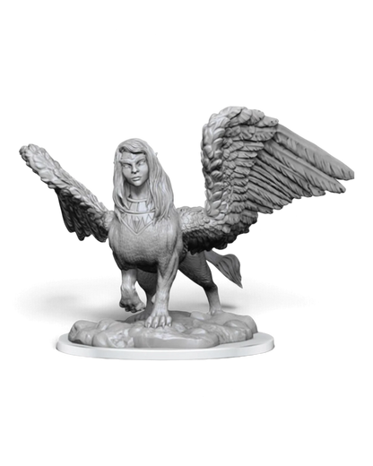 VaultifyUK Critical Role unpainted female Sphinx miniature with detailed wings and sculpted features on a round base